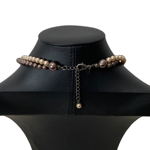 (3-097) Double Strand Necklace Taupe/Beige Pearl-Like Beads Black Faceted Beads - Picture 3 of 12